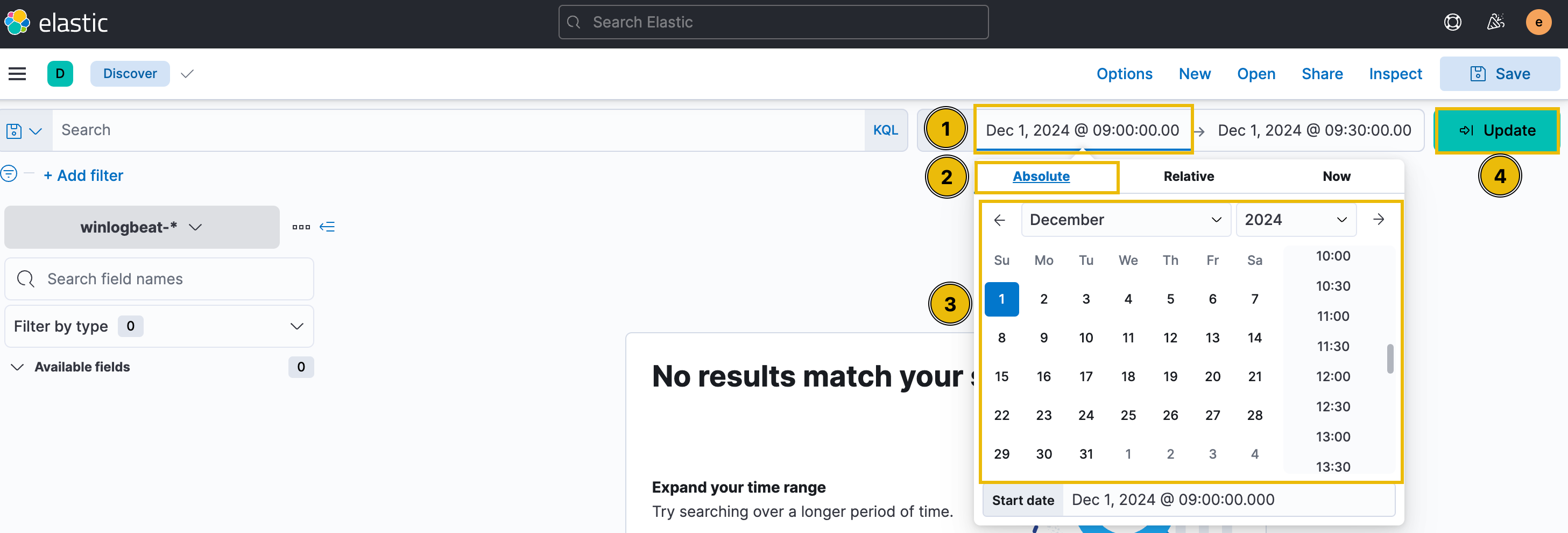 Instructions to configure the search timeframe.