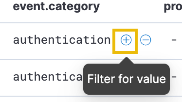 Filtering authentication events using the plus button.
