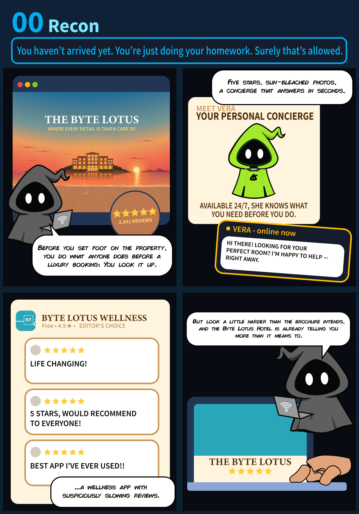 Hacker Holidays Day Storyline Comic - Act 0 (Recon). You haven't arrived yet. You're just doing your homework, and surely that is allowed. Vera knows what you need before you do. The Byte Lotus Wellness app will make your experience worthwhile, although the brochure tells you more than it means to.