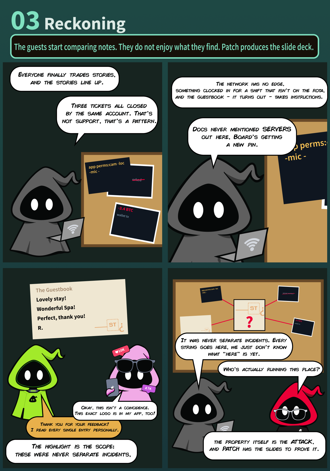 Hacker Holidays Day Storyline Comic - Act 3 (Reckoning). The guests have started comparing their notes and they do not enjoy what they found. Patch produces the slide deck to share his findings.