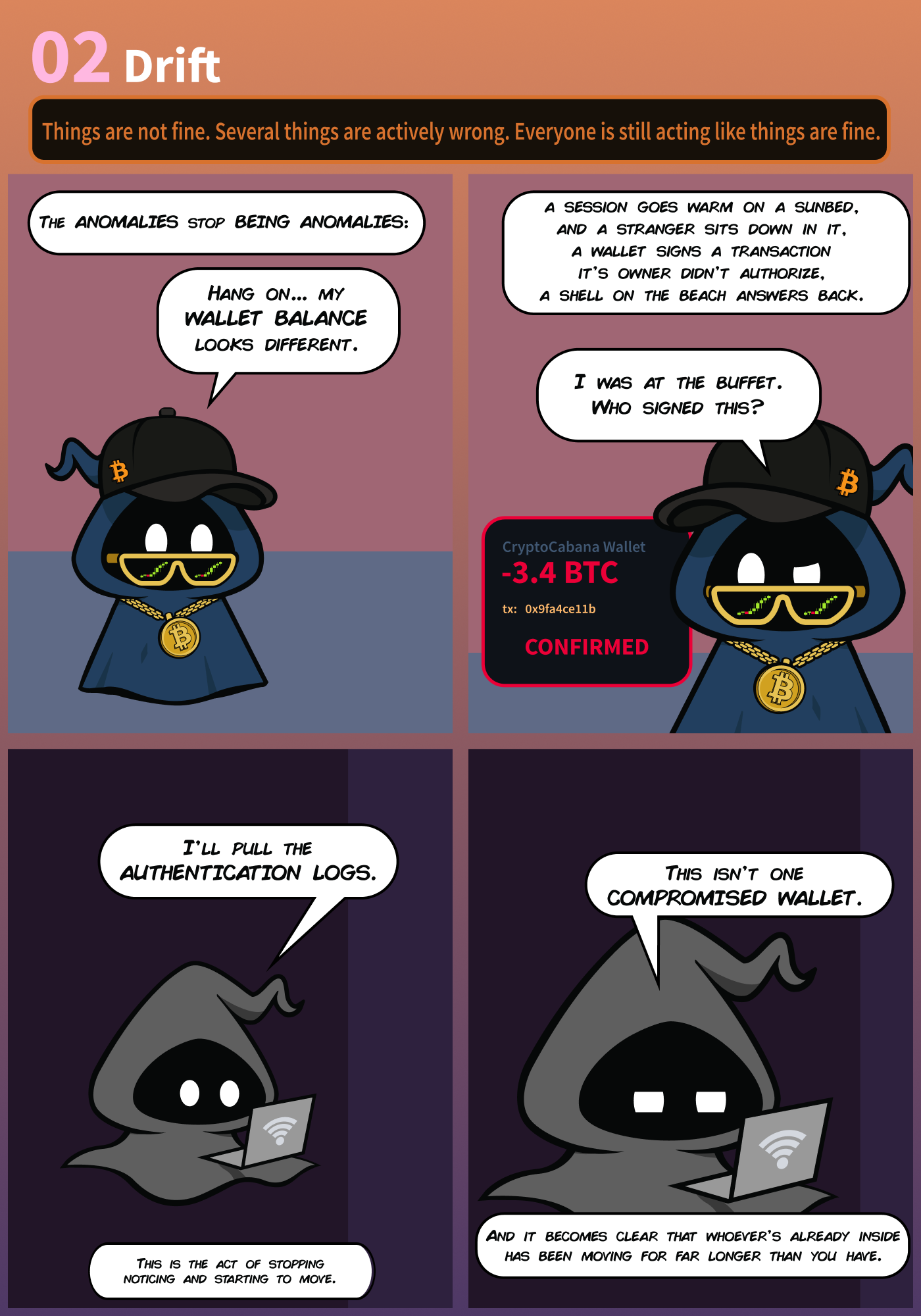 Hacker Holidays Day Storyline Comic - Act 2 (Drift).  Things are not fine and severalthings are actively wrong. Everyone in the hotel though is still acting like things are fine.