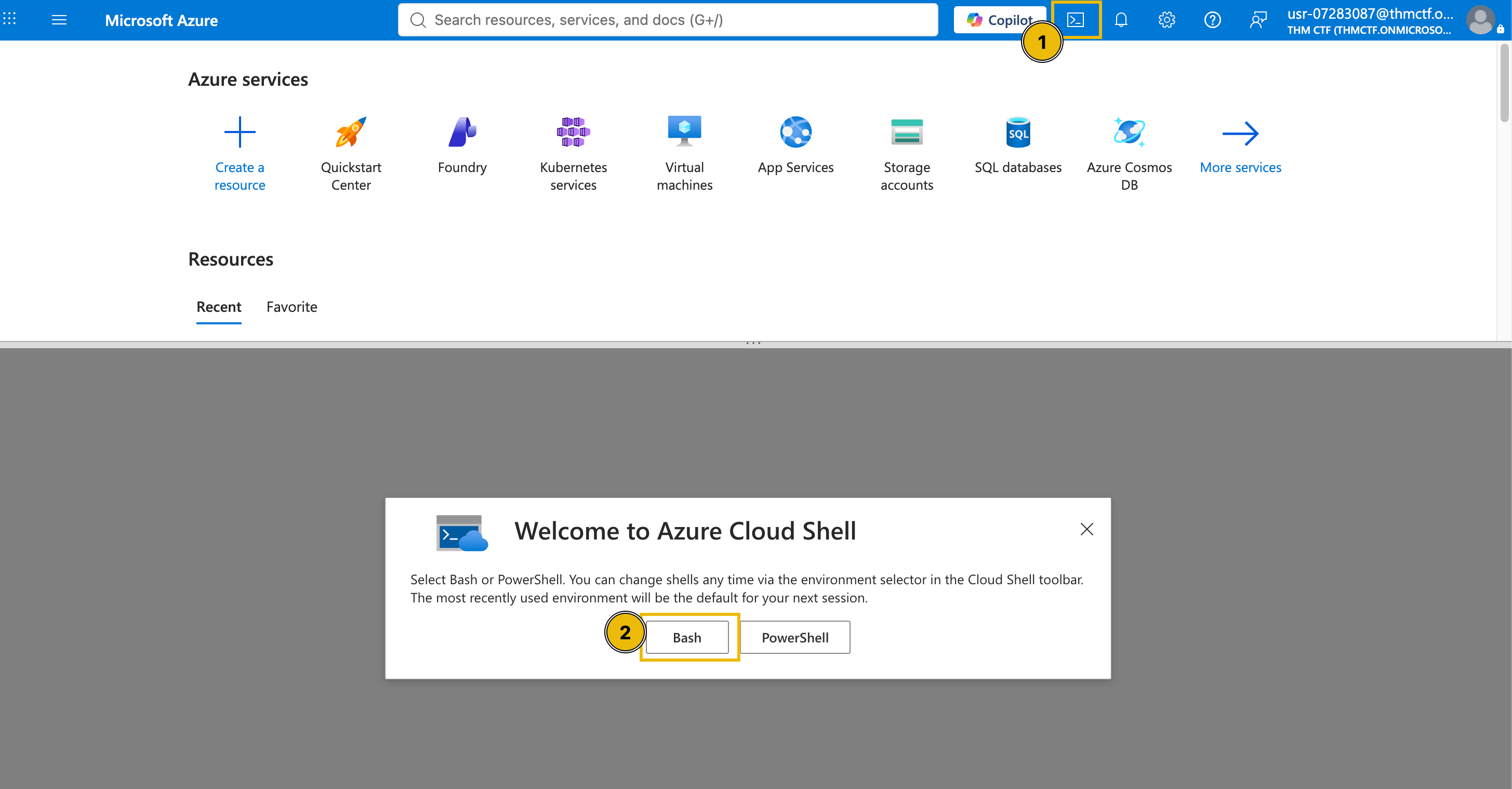 Starting the Azure Portal's Cloud Shell.
