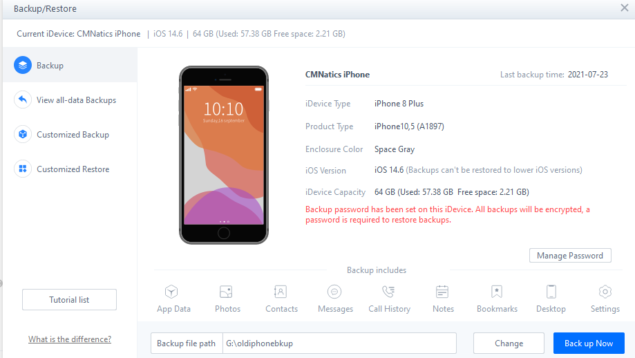 The view of the Backup/Restore interface within the 3uTool suite, displaying information about the phone and the ability to backup. 