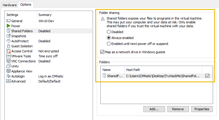 Managing shared folders in VMWare Workstation