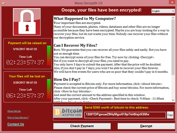WannaCry popup asking for payment