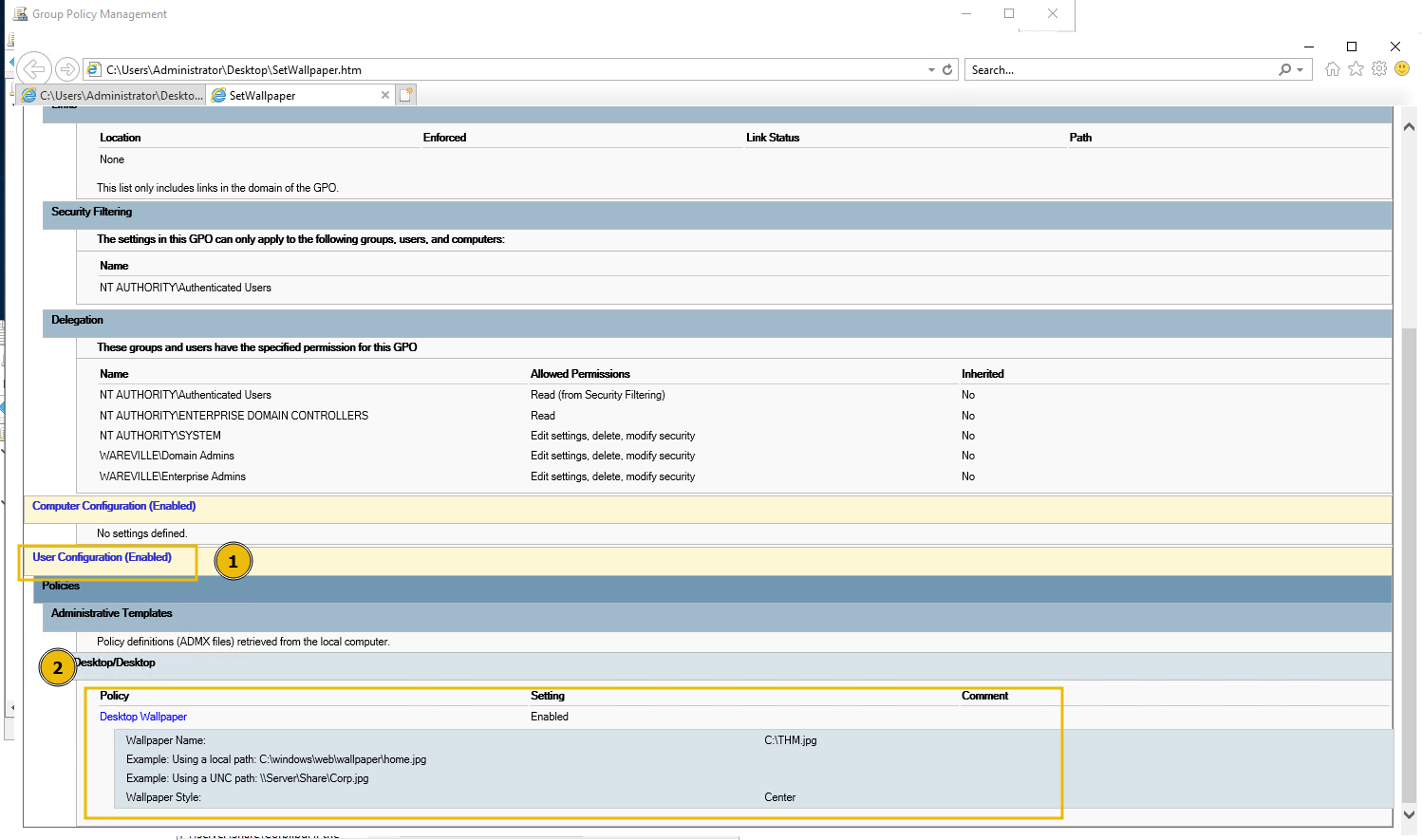 SetWallpaper GPO in a HTML report for easier analysis.