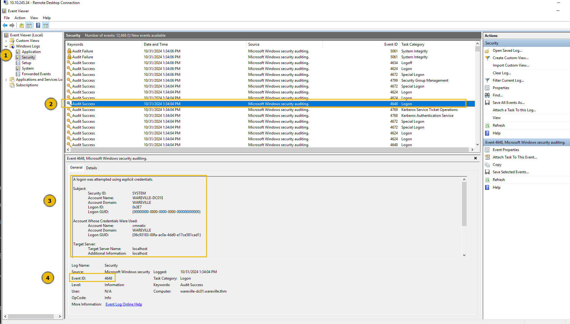 Records of a user logging in shown on the Event Viewer.