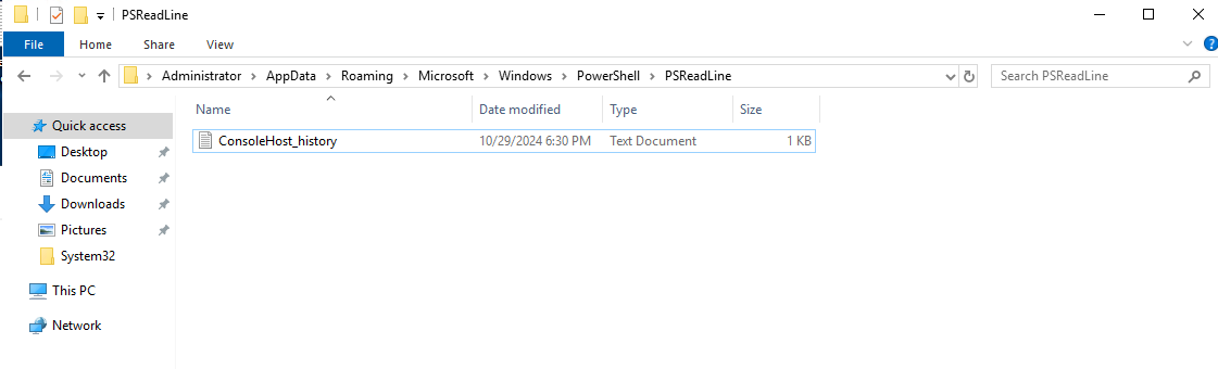 Location of the PowerShell history file on the system.