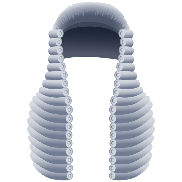 Depicting a judge's wig/headpiece.