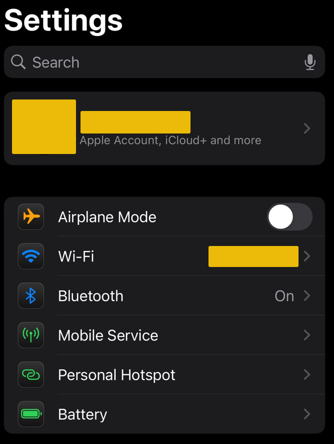 The general view of the "settings" page, highlighting the "airplane mode" slider.