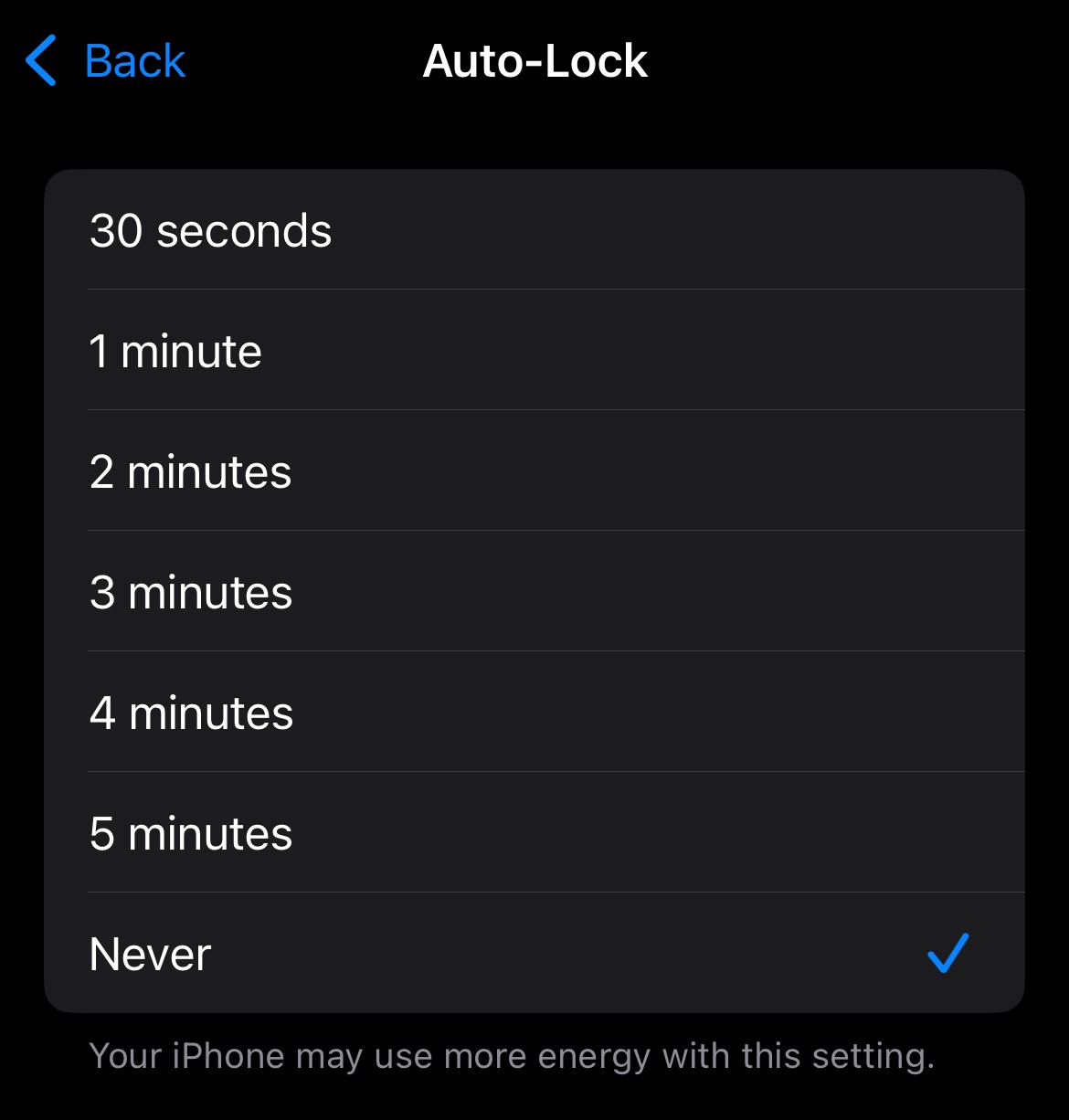 Configuring the display "Auto Lock" feature to "Never" within iOS