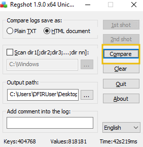 Comparing the results of the difference between the two registry snapshots. The text editor will open after a minute or so.