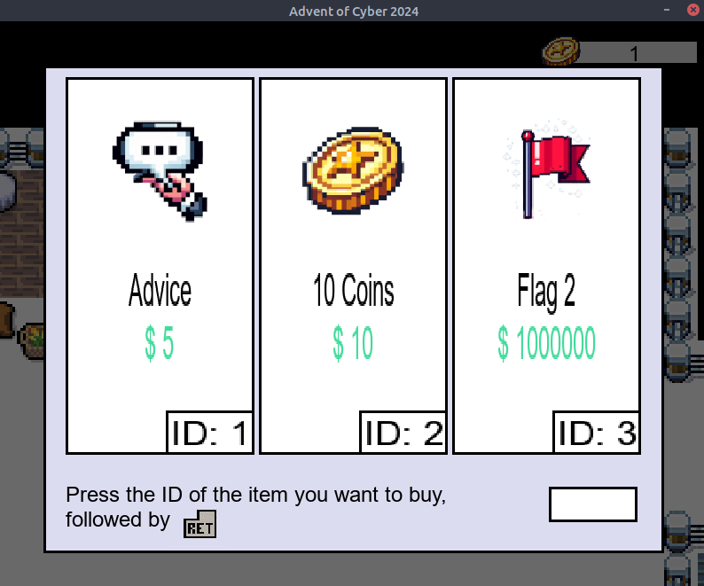 Game image of the second stage showing the items to buy.