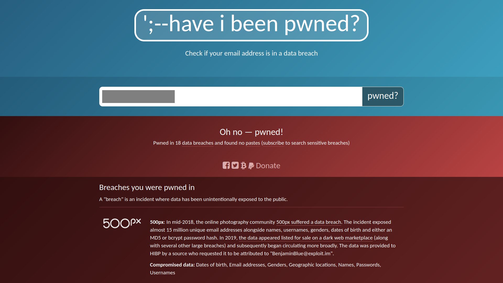 The results for an email address on the Have I Been Pwned website.
