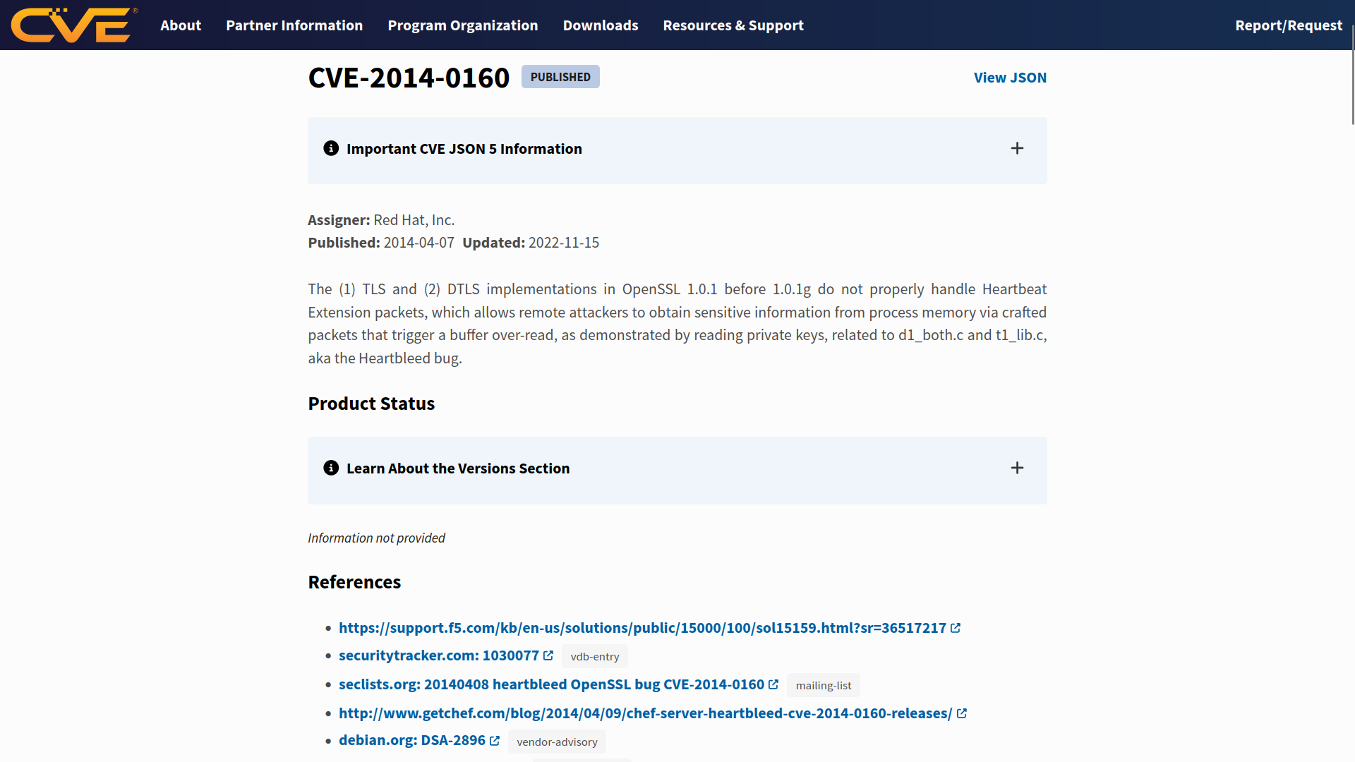 The CVE-2014-0160 vulnerability on the CVE Program website