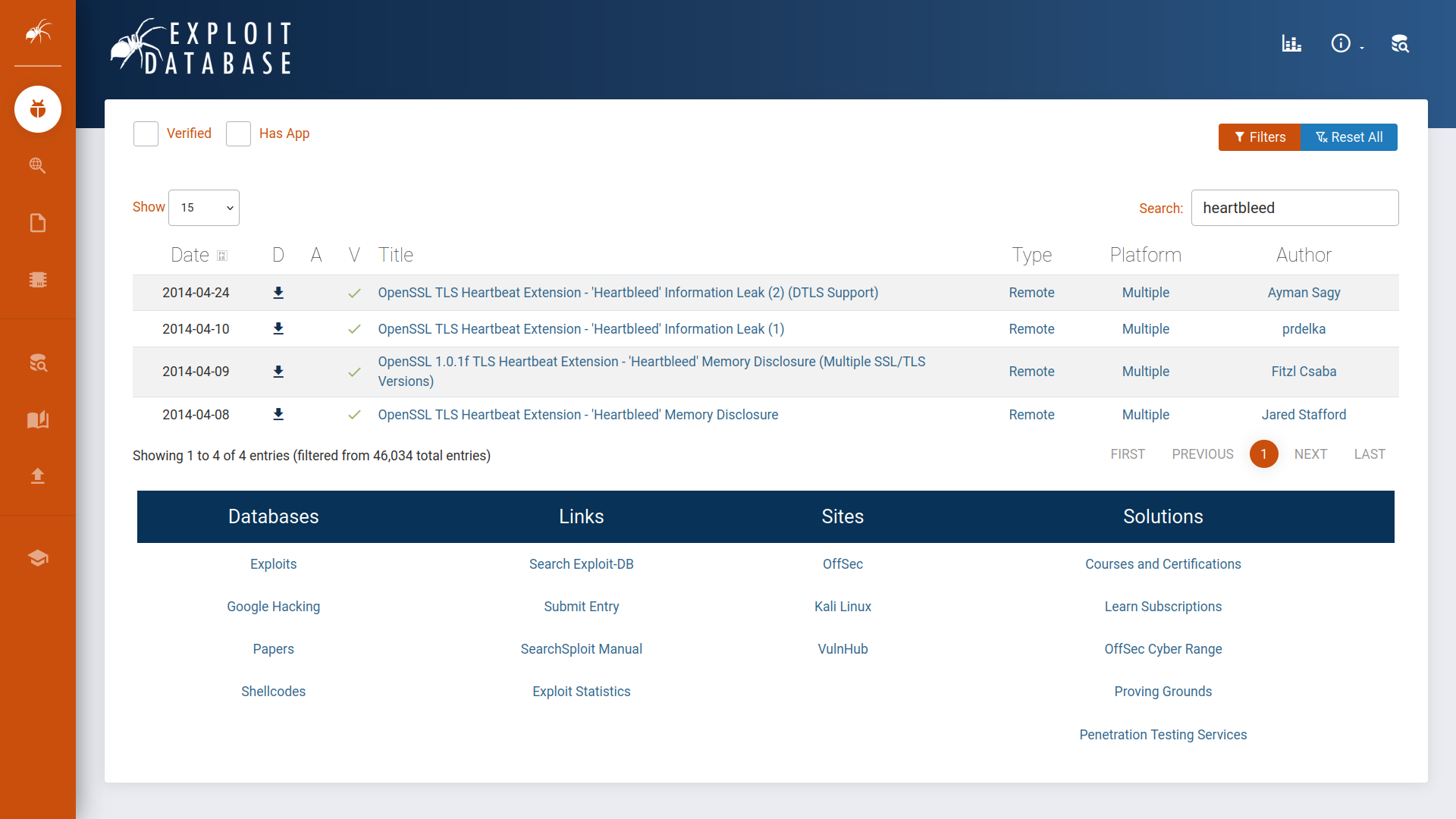 The results of the search for heartbleed on the Exploit Database website