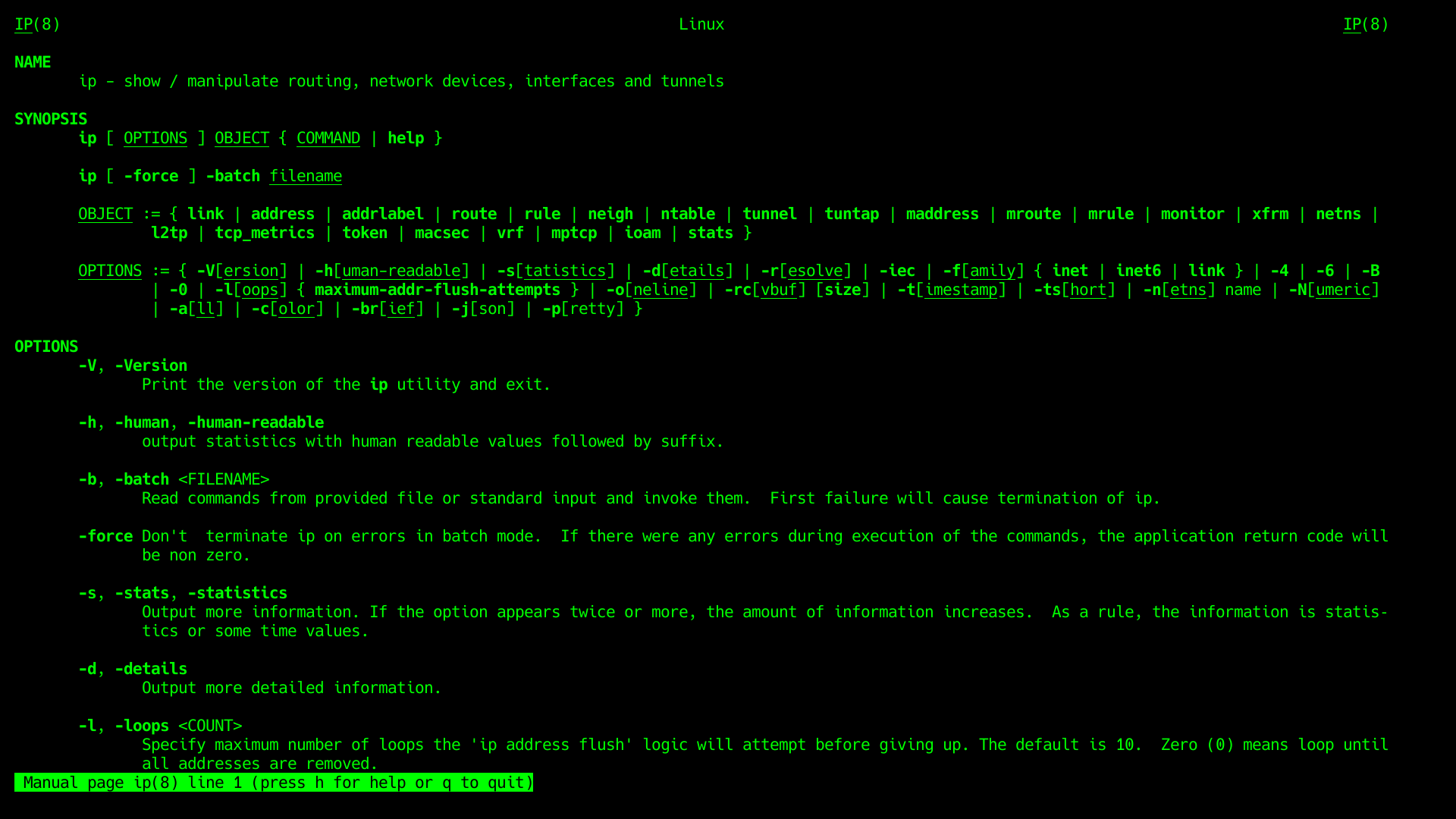 The Manual page of the ip command