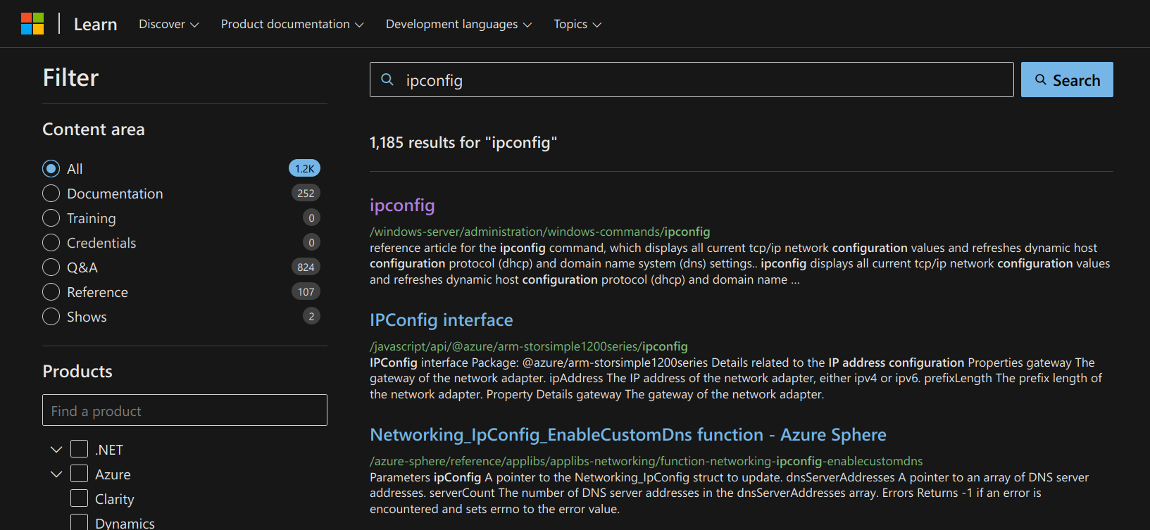 The results of the search for ipconfig on the Microsoft Technical Documentation website