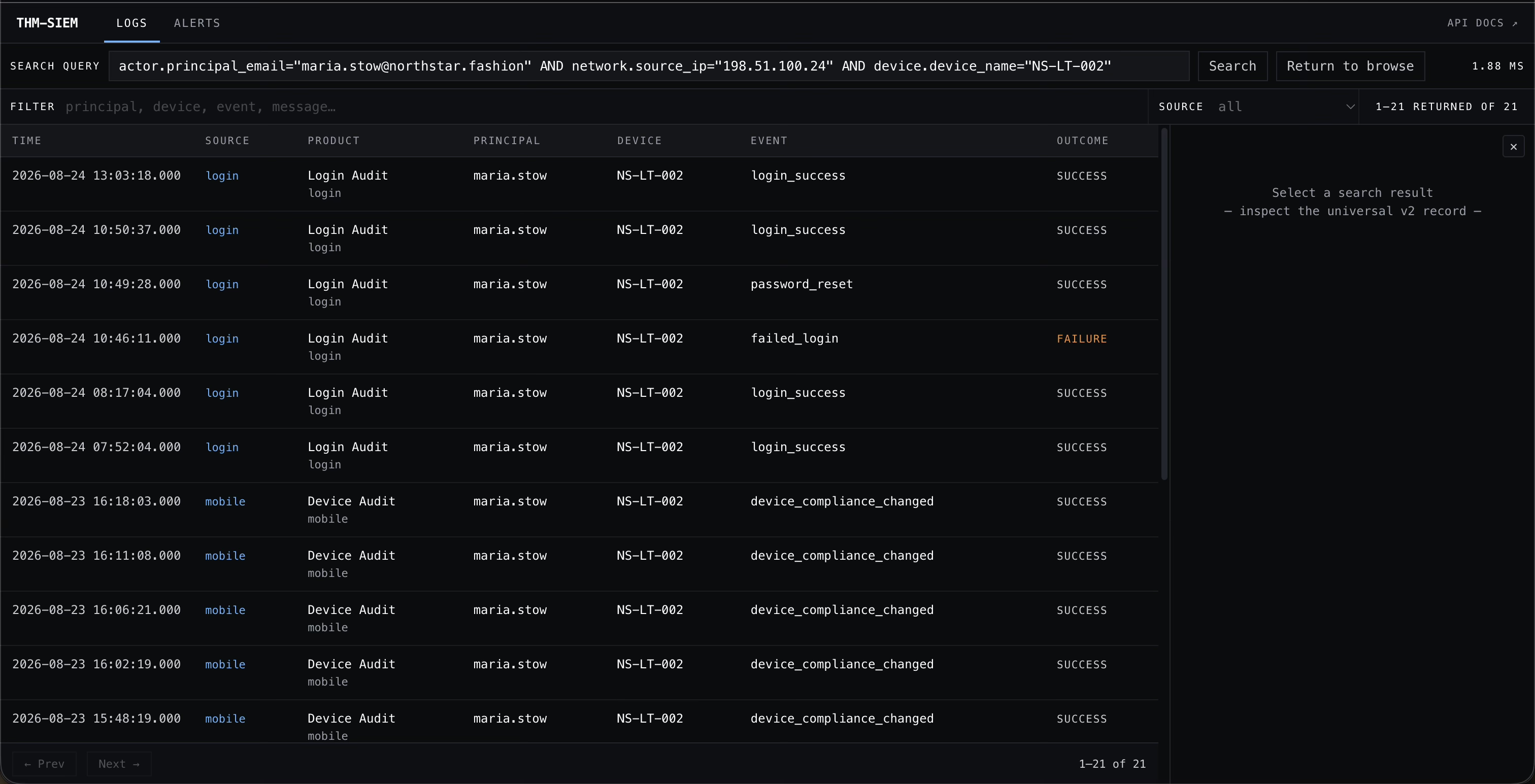 Logs Matching Maria's Account IP and Device