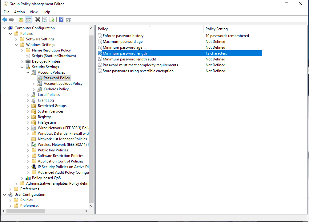 Creating and editing GPO settings for Password Policy.