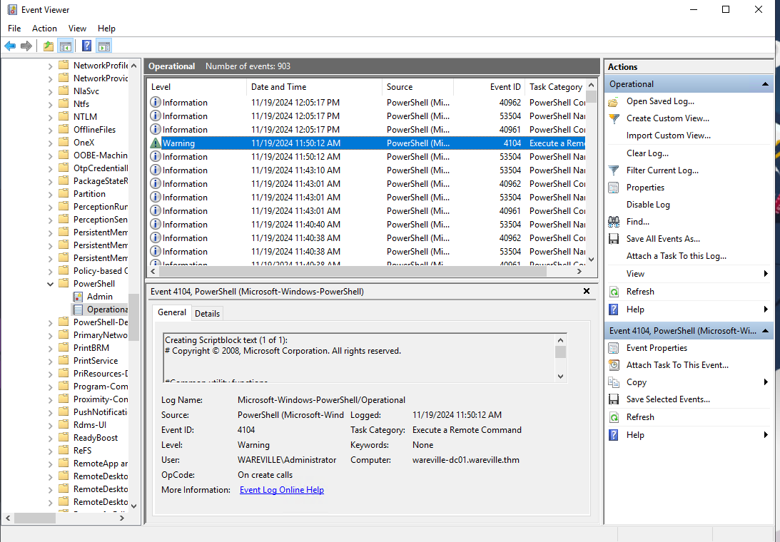 Event Viewer showing PowerShell logs recorded.