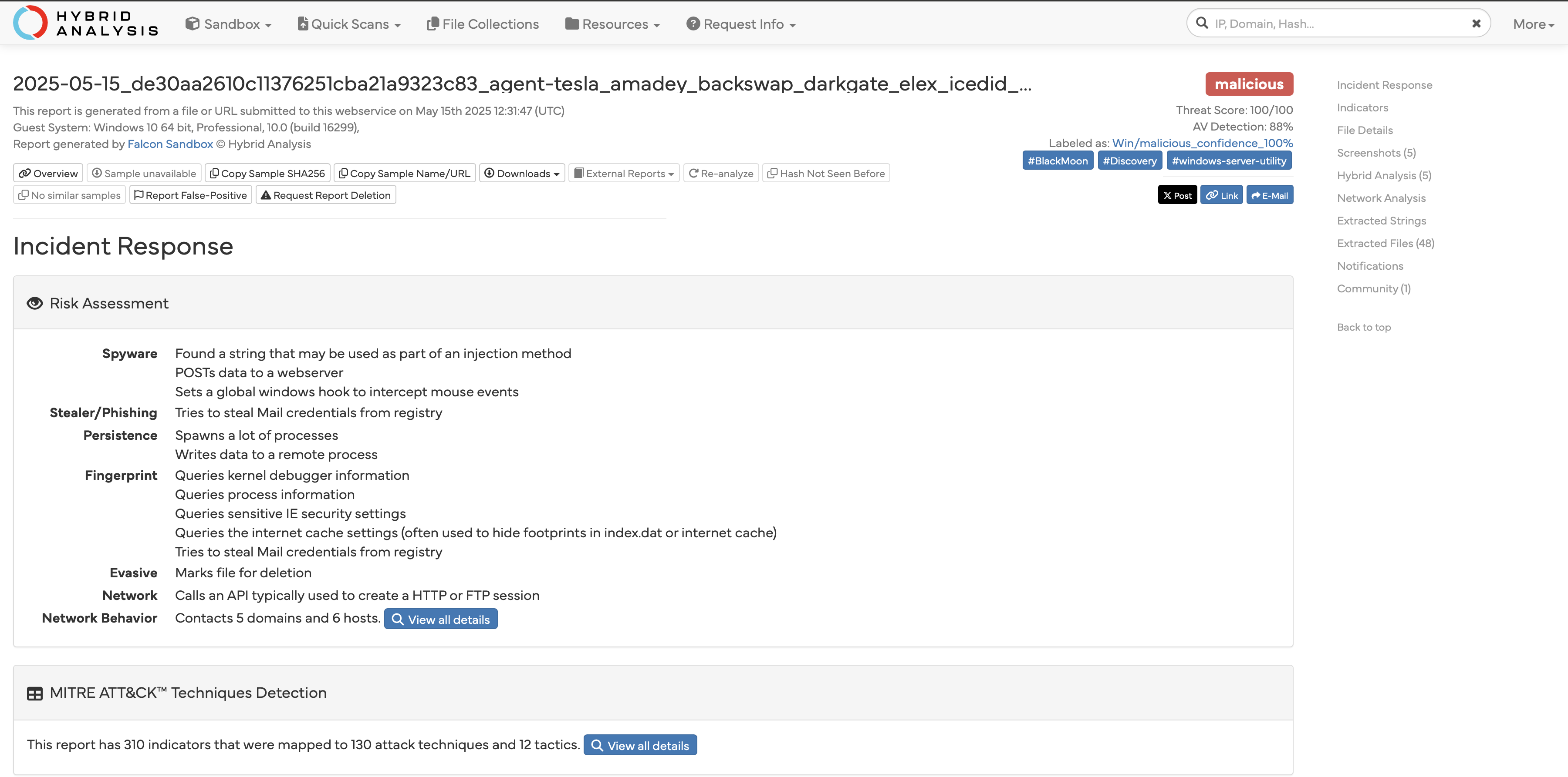 HybridAnalysis report dashboard