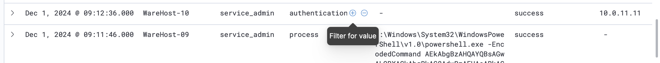 Filtering using the plus button.