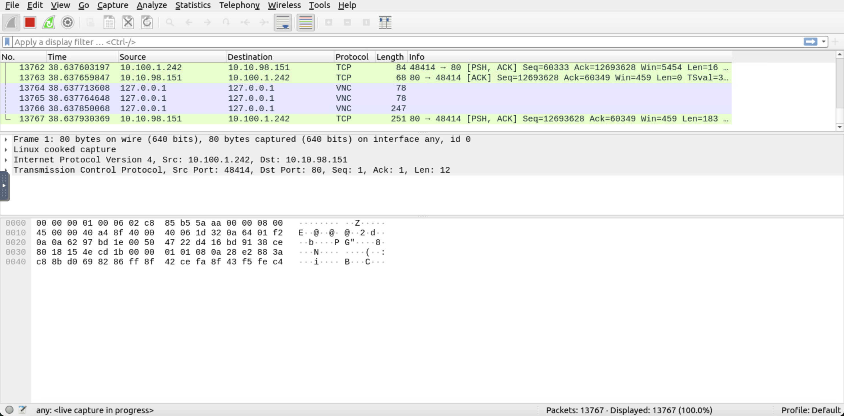 Wireshark capturing on the any interface
