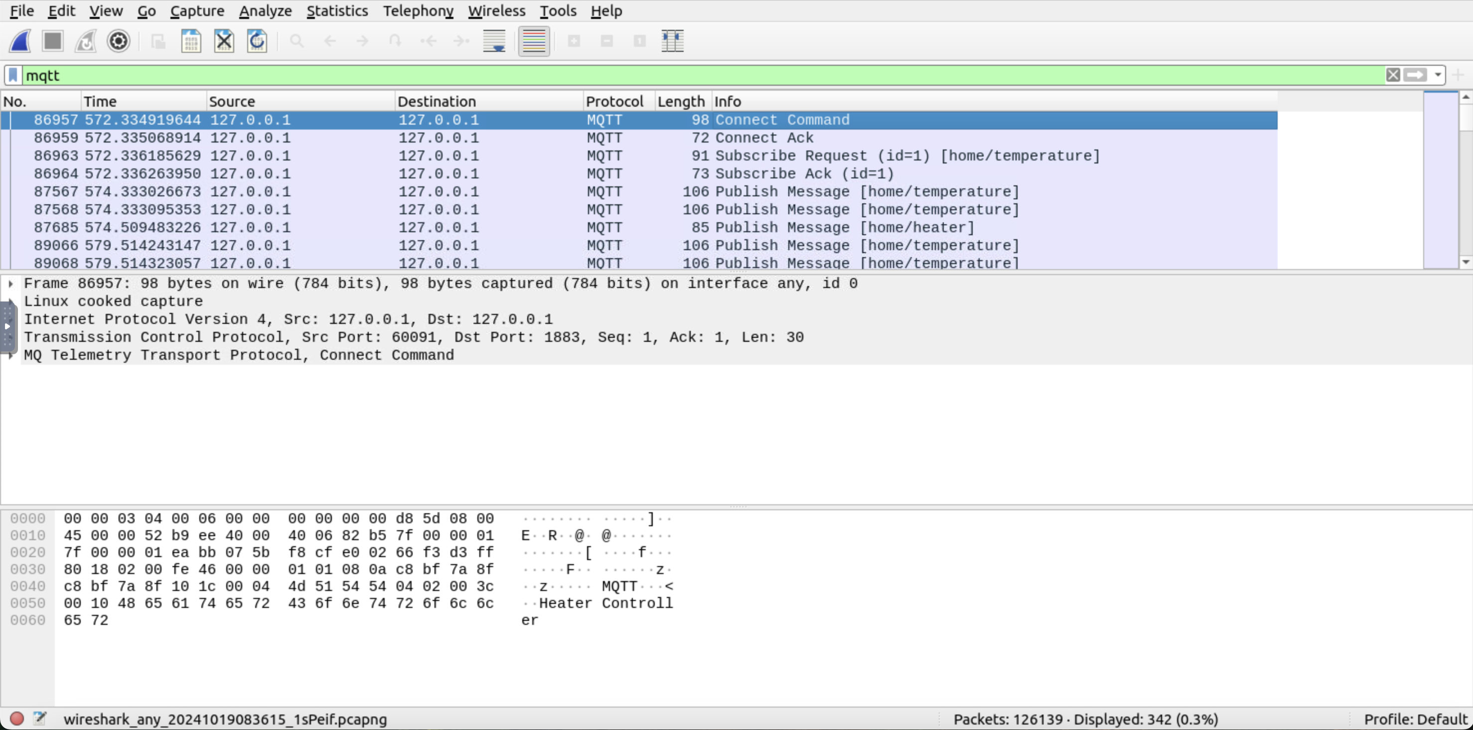 Wireshark displaying MQTT traffic