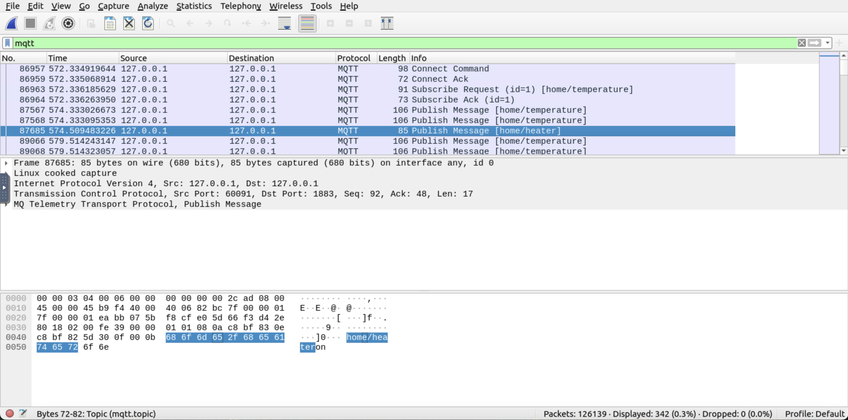 Wireshark displaying an MQTT packet with a topic and a message being the home heater and its state