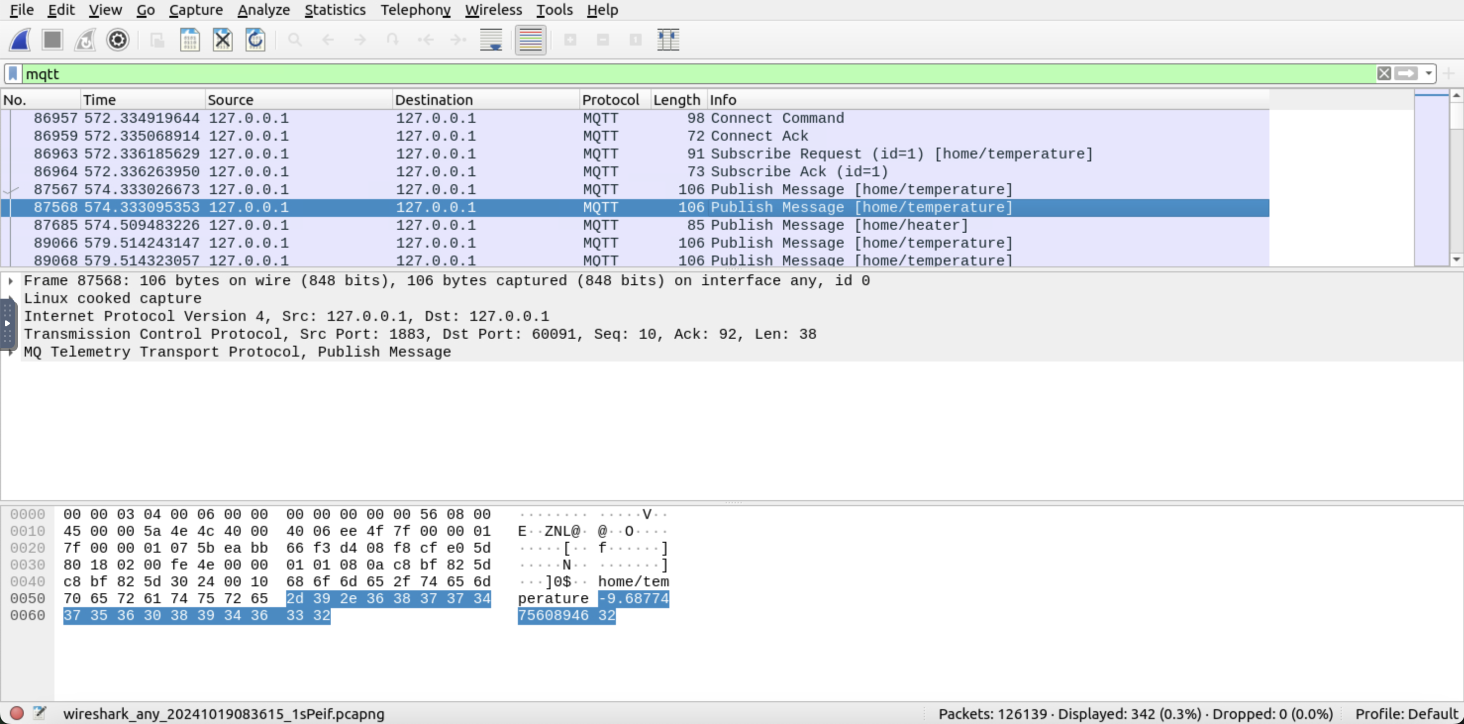 Wireshark displaying an MQTT packet with a topic and a message being the home temperature and its value