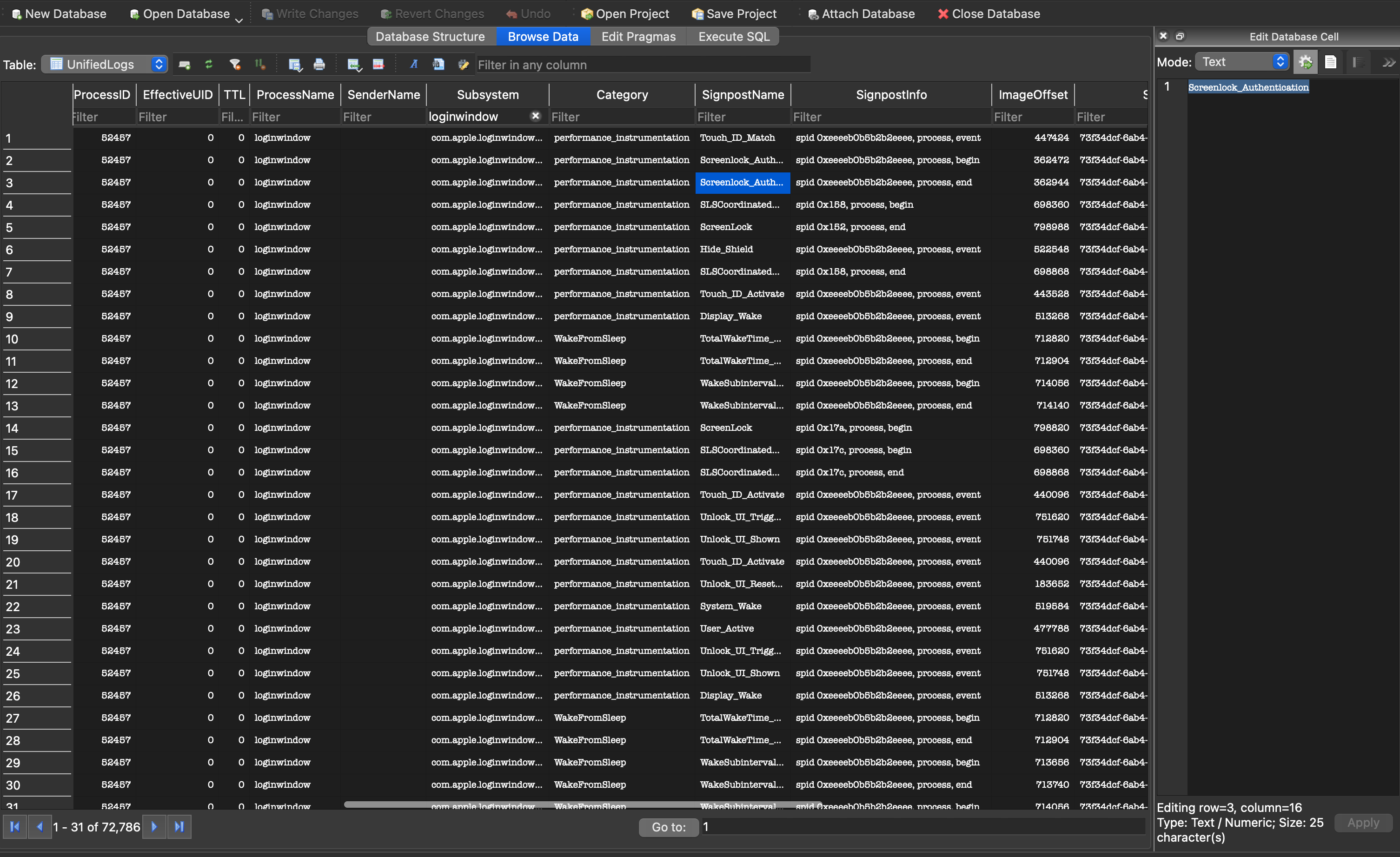 Unified logs in the DB browser