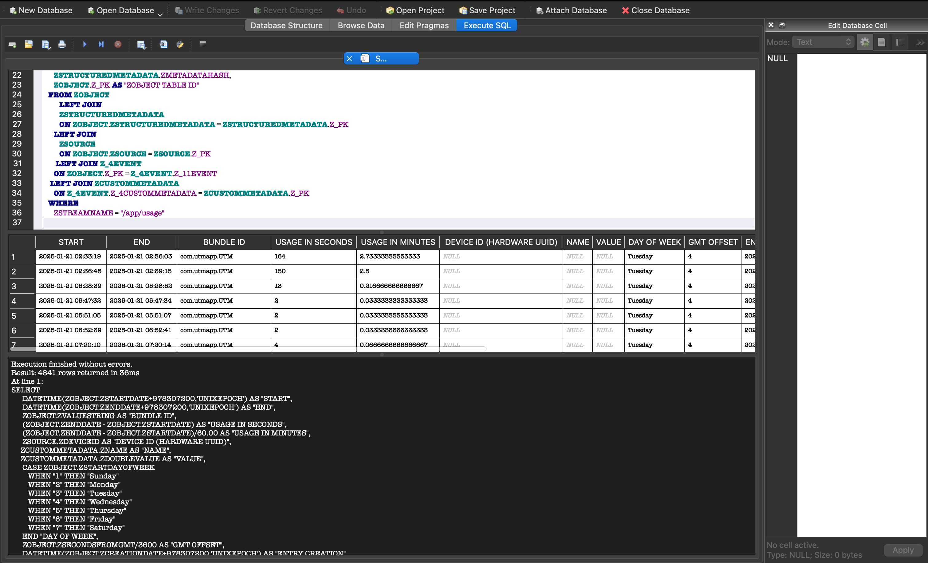 SQL query from knowledge_app_usage module of APOLLO executed in DB Browser
