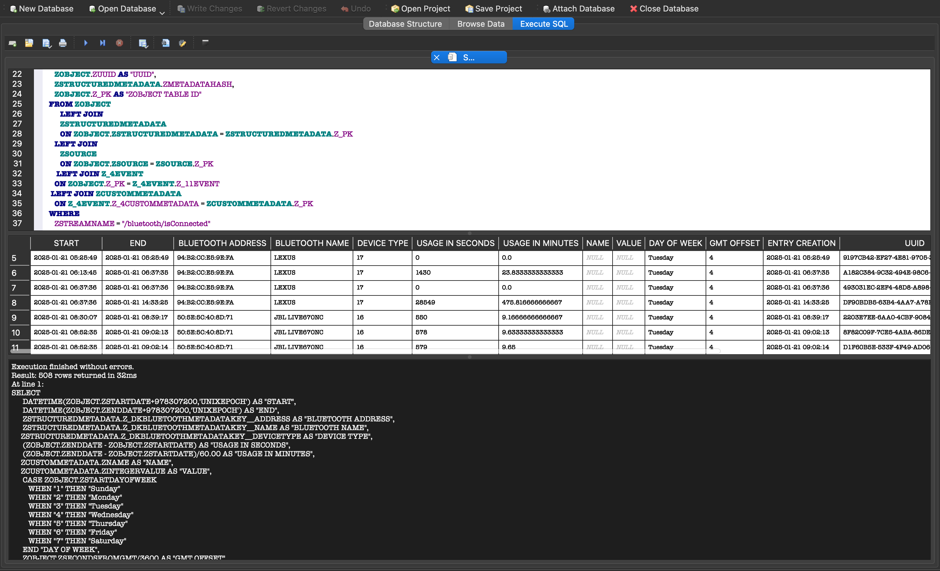 Bluetooth connections as seen in DB Browser