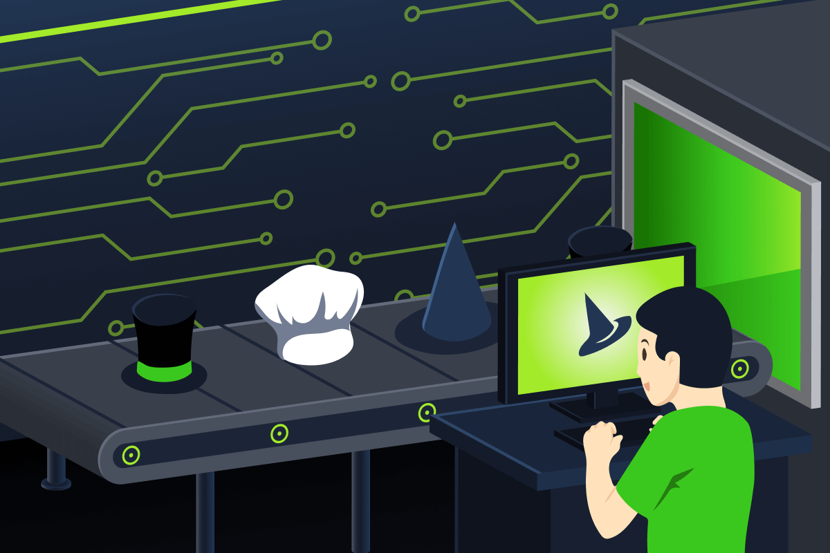 A graphical illustration of a worker running the assembly line at the fictional company TryHatMe.