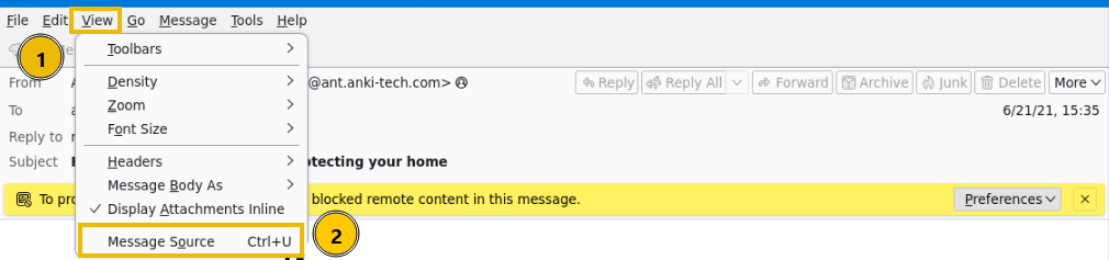 A sample email within Thunderbird email with the view menu and Message Source option highlighted.
