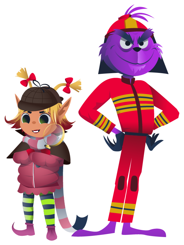 McSkidy and The Glitch in detective and firefighter costumes