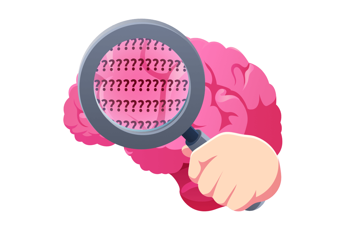 A magnifying glass, inspecting a model. The magnifying glass reveals a bunch of question marks.