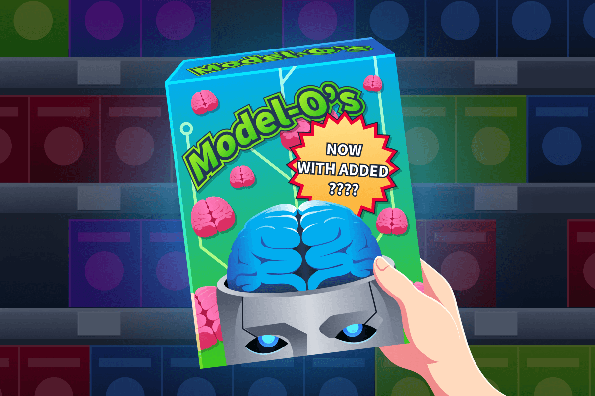 A cereal box for a cereal called "Model-O's" , the box reads "now with extra ???".