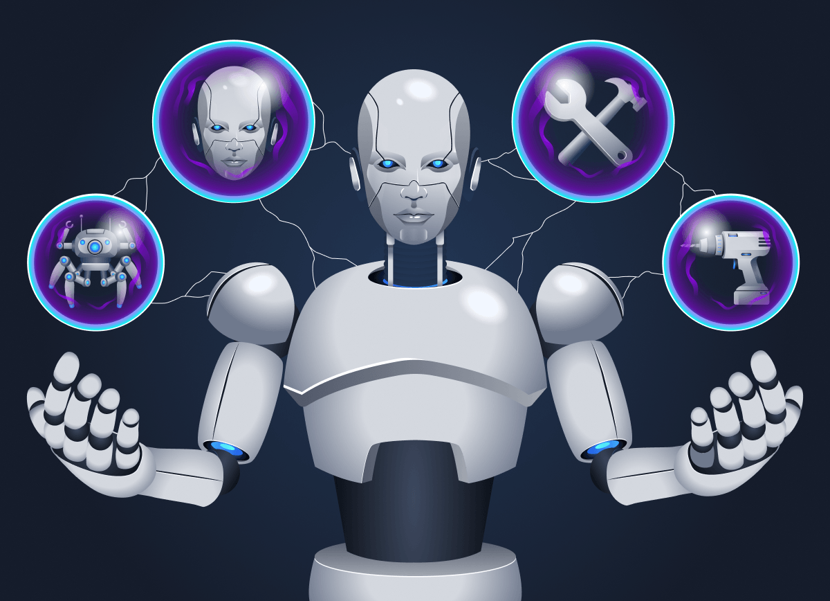 A robot , holding 4 orbs representing different capabilities