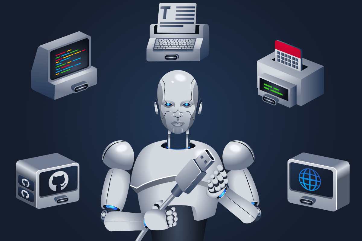 a robot holding a usb connector , and lots of different tools with a usb port that it can plug it into