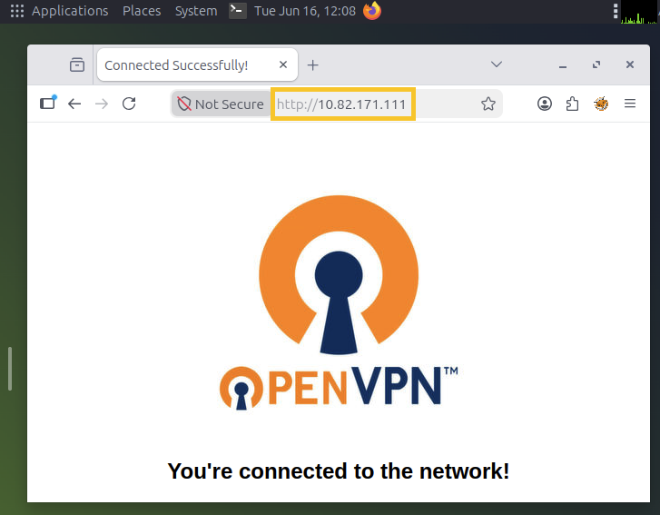 Machine IP address pasted inside the AttackBox's Firefox browser.