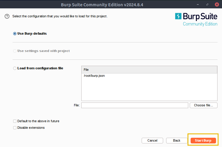 Burp suite startup setting screen