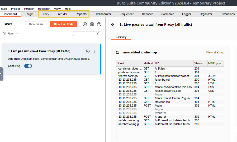 Burp suite dashboard with options