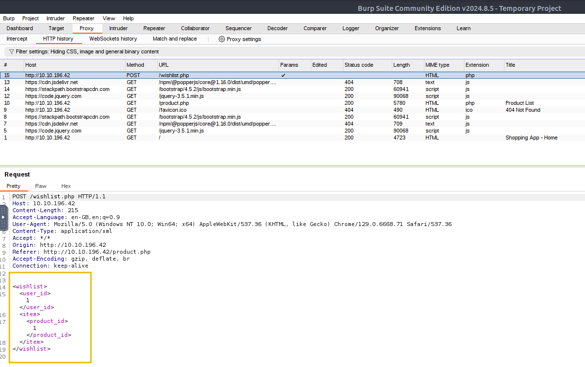 View of the request sent to wishlist.php using Burp.