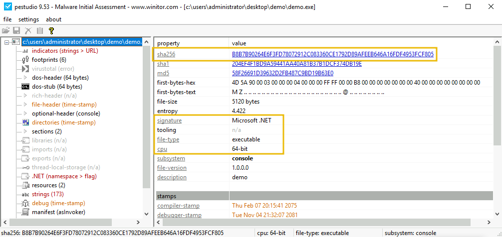 analysing headers in PEStudio