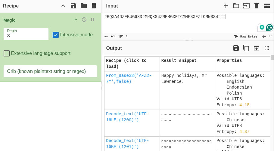 A screenshot of the results of a Magic Operation in CyberChef.