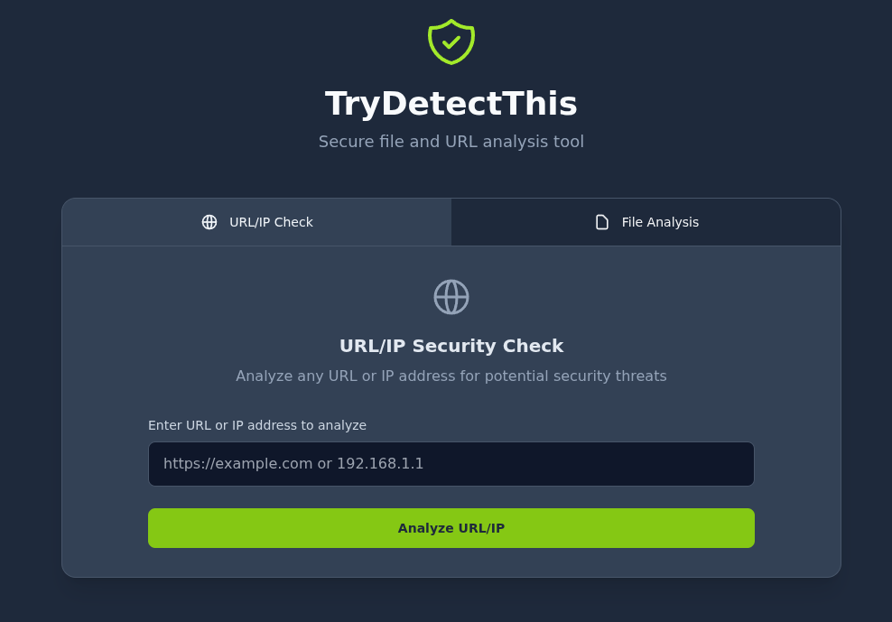 TryDetectThis with the URL/IP Check tab open, showing an empty search box and the Analyze URL/IP button.