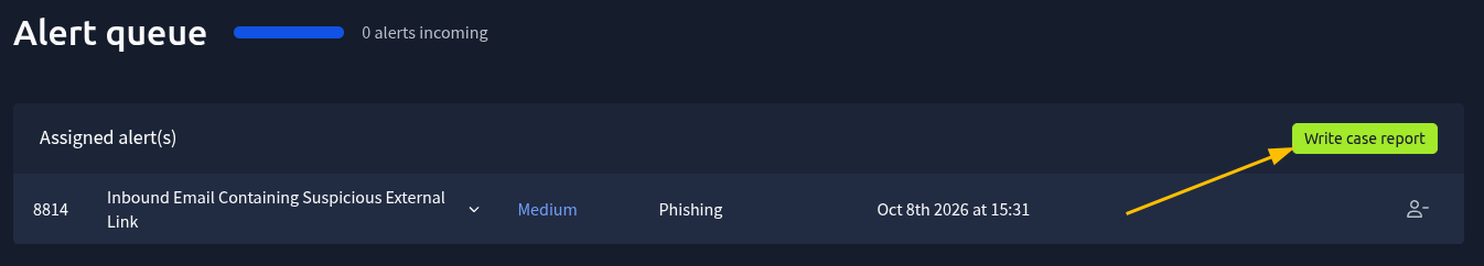 The Assigned alert(s) section of the alert queue with alert 8814, and an arrow pointing to the Write case report button.